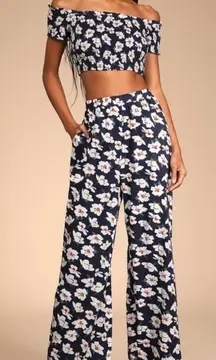 New Lulus Navy Blue White Floral Print Smocked Two-Piece Jumpsuit Size Medium