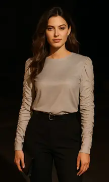 Tibi Shimmer Silver Mercerized Ruched Long Sleeve Top 8 Glam Holiday NYE Sparkly