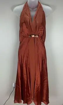 Donna Rocco 100% Silk Orange Halter Tie Open Back Sleeveless Dress size 4