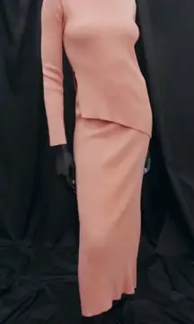 Zara Skirt Set Sweater Knit Ribbed Mock Turtleneck Asymmetric Hem Pink Large‎