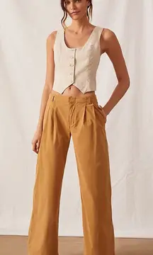 Anthropologie Wide Leg Pleated Back Buckle Cotton Blend Trousers in Honey Size 6