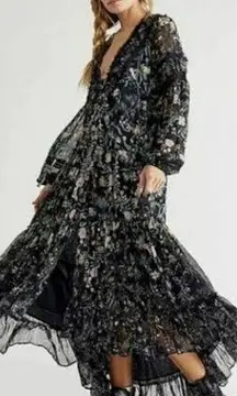 Free People Cassis Black Floral Pattern Button Down Long Sleeve Midi Maxi Dress