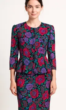 80s Bobby’s Girl Floral Paisley Rayon Peplum Blouse & Skirt Set USA small