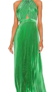 L’IDEE Bright Green Renaissance Mock Neck Pleated Satin Midi Dress Size 12
