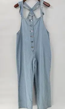 Polagram Overall Button Up Denim Jumpsuit Womens L Blue Light Wash Ruffle Straps