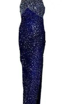 100% Silk Vintage Beaded Navy Blue Halter cross Strap Open Back Gown