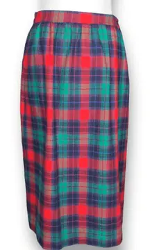 Vintage Tartan Plaid Wool Skirt Burgundy Purple Green Midi Colorful Festive
