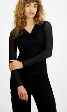 Bar III Women's Cowlneck Long-Sleeve Mesh Top, Created for Macy's SIZE: L