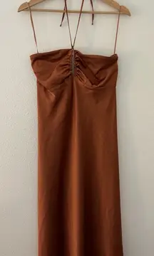 Abercrombie and Fitch satin halter midi dress in rust orange