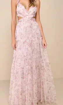 Lulus NWOT Ethereal Love Blush Floral Pleated Tiered Tie-Back Mesh Maxi Dress XS