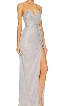 Katie May  Strapless Gown Silver XS Column Dress Bustier Metallic USA $395 NEW