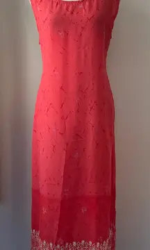 Vintage ‘90s Jane Ashley Coral Embroidered Hem Scoop Neck Sleeveless Maxi Dress