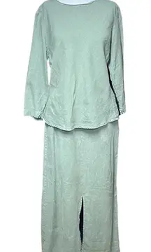 120% Lino Two-Piece Maxi Skirt‎ Set Shirt Blouse Top Olive Green Size Small