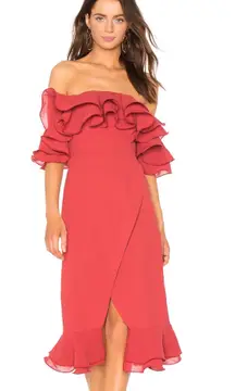 Revolve NWT  C/MEO Collective Immerse Ruffle Off Shoulder Midi Dress in Rose