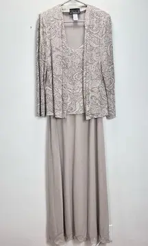 Alex Evenings Beige Glitter Paisley Two‎ Piece Jacket Chiffon Maxi Dress Size 14