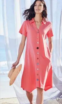 Soft Surroundings Coral Button Front Dress XS Asymmetrical‎ Hem Mixed Buttons