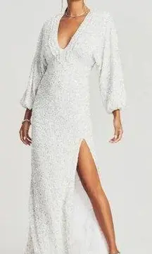 Retrofete Camille Sequin Chiffon Dress V Neck Long Sleeve Maxi White Size XS NWT