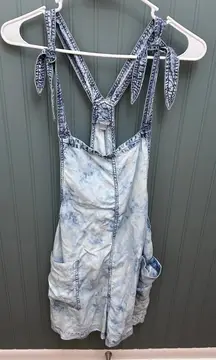 Aerie Women's Denim‎ Romper Overalls Shorts Tie Strap Acid Wash Blue L/G