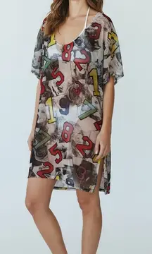 BLUSH Women's Sheer Tunic Cover Up Mesh Number Print Short Sleeve V-Neck Beach