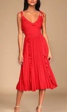 Never a Dull Moment Bright Red Tie Strap Pleated Midi Dress Size XL