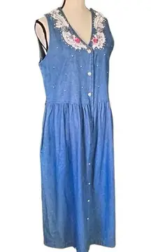 Vtg.80’s Embroidered Floral & Lace Sleeveless Denim Button Down Maxi Dre…