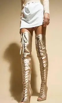 Gianvito Rossi  Marie Neutral Gold Satin Lace Up Over-The-Knee Thigh High Boots