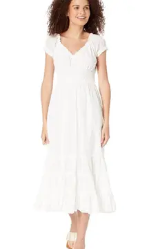 Betsey Johnson NWT  Cotton Clip Dot Smocked Puff Sleeve Optic White Midi Dress