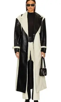 RONNY KOBO Baylor Faux Leather Trench Coat Black Ivory Womens Size Large