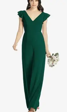 RUFFLED SLEEVE LOW V-BACK JUMPSUIT - ADELAIDE IN HUNTER GREEN$263