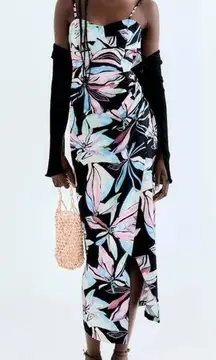 Zara Linen Tropical Print Midi Dress