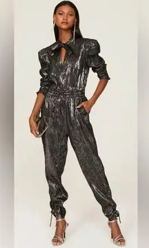 Silver Metallic Jumpsuit Silver Neck Tie Long Sleeve Joggers sz XL