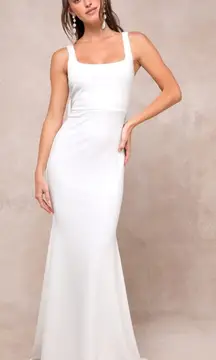 NWT Lulus Loving Fate White Bow Square Neck Backless Maxi Dress Wedding Bride S