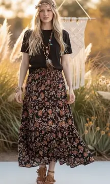 Dress Forum Maxi Skirt Black Floral Tiered Boho Drawstring Womens Size M Prairie