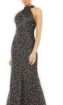 Floral Tied Keyhole Halter Trumpet Gown, Black, Size 2