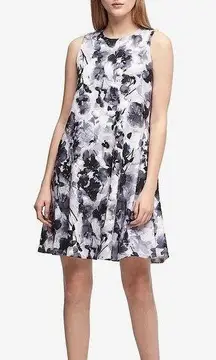 DKNY Watercolor Floral Sleeveless Jewel Neck Black Gray White Cocktail Dress