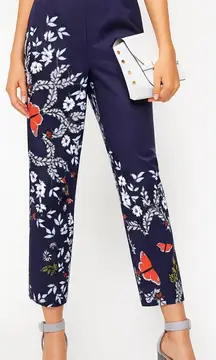 Ted Baker Navy Floral Butter Fly Print Ruffle High Waist Tapered Leg Pant Size 4