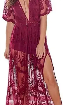 Maroon Deep V-Neck 1/2 Sleeves Sheath Lace Midi Dresses w side slits size small