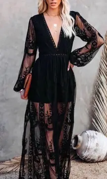 NEW Black Lace V-neck Long Sleeve Boho Maxi Dress