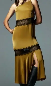 Zara NWT satin & lace combination army olive green & black midi slip dress