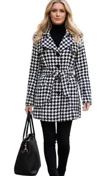 Me Jane Houndstooth Trench Coat Jacket Size S Wool Blend Black White