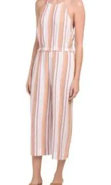 Cloth & Stone Striped Linen Blend Halter Neck Crop Leg Jumpsuit Orange Cream M