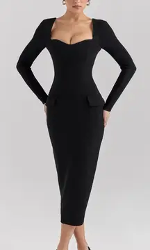 House of CB Ella Black stretch crepe long sleeve midi dress size M A-C NWOT