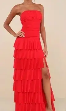 Lulus Exceptional Existence Red Mesh Ruched Tiered Maxi Dress
