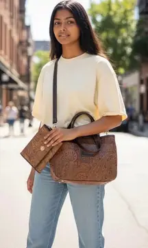 Relic Embossed Paisley Convertible Satchel Handbag and Wallet Set Brown