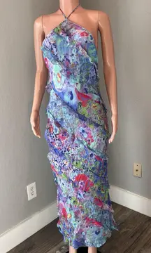 Zara Sz Large Ruffles rushed Romantic Boho Sexy Maxi Dress watercolor #72