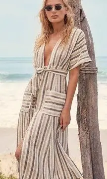 Free People  Monday Light Grey Striped Midi Dress