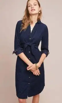 Anthropologie Maeve Navy Blue Corduroy Winchester Waist Tie Shirt Dress 0