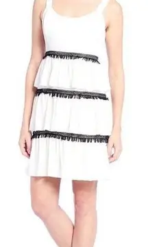 HALSTON White Black Sleeveless Fringe Cocktail Dress Tiered Ruffle Size 6 New