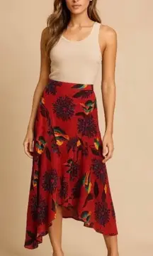 La Double J Martha Skirt Red Floral Print Silk Viscose Asymmetrical Midi