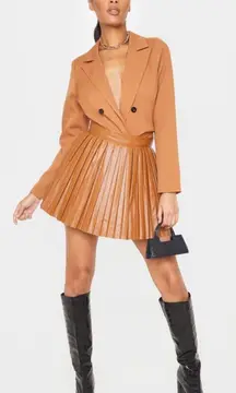Camel Faux Leather Pleated Skater Skirt
